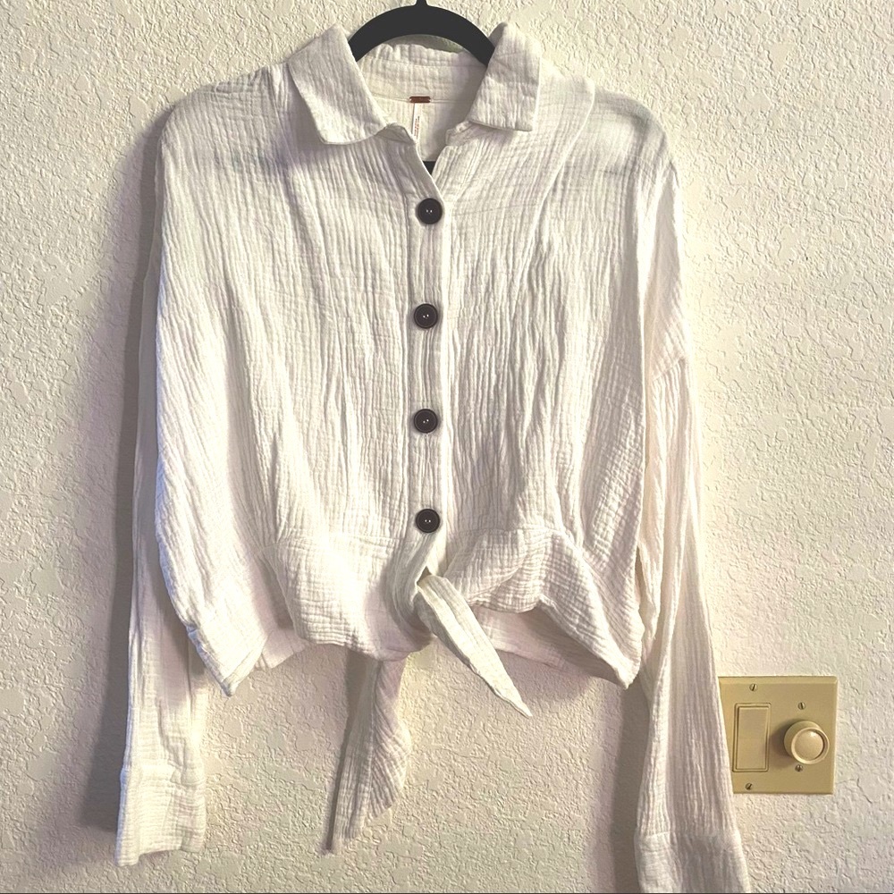 Free People Ivory Sunstreaks Tie Front Top